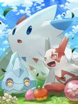  absurdres bergmite blue_flower blue_sky closed_eyes cloud day falling_leaves flower food fruit grass hakkentai_pokedan highres leaf no_humans on_grass open_mouth outdoors pokemon pokemon_(creature) sky togekiss zangoose 