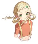  1girl artist_request asuka_momoko blonde_hair blush eyelashes green_eyes hair_ornament hair_rings hairclip happy long_hair looking_at_viewer midriff navel ojamajo_doremi shirt simple_background smile solo source_request swept_bangs thick_eyebrows white_background 