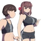  2girls :o bike_shorts black_shorts black_sports_bra blurry blurry_foreground breasts brown_eyes brown_hair commentary depth_of_field english_commentary flat_chest girls_und_panzer grabbing_own_breast groin highres huaronanago isobe_noriko kondou_taeko large_breasts looking_at_another looking_back medium_hair medium_support_(meme) meme midriff mixed-language_commentary multiple_girls navel open_mouth short_hair shorts simple_background sports_bra standing white_background 