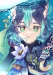  1boy air_bubble animal_ear_fluff animal_ears aqua_hair black_hair bubble caustics drawstring floating_hair flower fox_ears genshin_impact glint green_eyes hair_between_eyes hood hood_down leaf looking_at_viewer making-of_available male_focus multicolored_hair orb parted_lips rin_gotarou sash short_hair shoulder_sash solo streaked_hair submerged tassel tighnari_(genshin_impact) two-sided_fabric two-tone_hair underwater upper_body water white_flower 