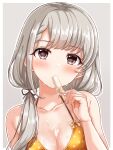  1girl asymmetrical_bangs bikini blush braid braided_bangs breasts cleavage collarbone eating food_on_body food_on_breasts grey_hair hair_ribbon highres hisakawa_nagi holding_ice_cream ice_cream_bar idolmaster idolmaster_cinderella_girls looking_at_viewer medium_breasts naruse_nagi polka_dot polka_dot_bikini ribbon sexually_suggestive simple_background solo swimsuit twintails two-tone_background 