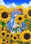  1girl blue_hair blue_sky blunt_bangs blush bow closed_eyes cloud commentary_request contrail cowboy_shot day dress flower furude_rika hair_between_eyes hat hat_bow highres higurashi_no_naku_koro_ni holding holding_flower long_bangs long_hair open_mouth outdoors red_bow short_sleeves sidelocks sky smile solo straw_hat sunflower tsurime_suki very_long_hair white_dress yellow_flower 
