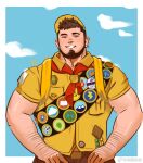  1boy :d aged_up arm_hair badge bara baseball_cap beard brown_eyes brown_hair button_badge collared_shirt cowboy_shot facial_hair half-closed_eyes hat highres looking_at_viewer male_focus muscular muscular_male rouyuan_shiqi_(ro_seventeen) russell_(up) shirt short_hair smile solo thick_eyebrows up_(disney) yellow_shirt 