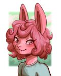  ambiguous_gender anthro bangs bust_portrait clothed clothing curled_hair ezpups fur hair lagomorph leporid mammal pink_body pink_eyes pink_fur pink_hair portrait rabbit shirt smile solo t-shirt topwear 