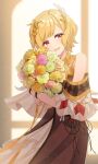  1girl blonde_hair bouquet bracelet brast47600296 choker citrinne_(fire_emblem) dress feather_hair_ornament feathers fire_emblem fire_emblem_engage flower gold_choker gold_trim hair_ornament highres holding holding_bouquet jewelry looking_at_viewer necklace open_mouth red_eyes shawl short_hair smile solo 