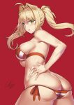  1girl ahoge ass bare_shoulders bikini blonde_hair blush breasts fate/grand_order fate_(series) ge_(zmq67911029) green_eyes hair_intakes halterneck large_breasts long_hair looking_at_viewer looking_back nero_claudius_(fate) nero_claudius_(swimsuit_caster)_(fate) red_background red_bikini solo striped striped_bikini swimsuit thighs twintails 