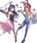  2girls :o alternate_costume animal_ears anzu_(v0_0v_o0) arm_behind_back black_hair choker commentary_request dawn_(pokemon) grey_eyes hair_between_eyes hair_ornament hairband highres holding holding_tray leotard long_hair multiple_girls one_side_up open_mouth pantyhose pink_choker pink_pantyhose playboy_bunny poke_ball poke_ball_(basic) pokemon pokemon_(game) pokemon_bw pokemon_dppt rabbit_ears shoes sidelocks skyla_(pokemon) teeth tongue tray upper_teeth_only white_background 