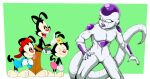  animaniacs anthro barefoot being_watched clothing crossover dot_warner dragon_ball feet female frieza frieza_race group hi_res inkblot looking_at_another looking_back male open_mouth scottforester17 sibling_(lore) simple_background smile tongue tongue_out wakko_warner warner_brothers yakko_warner 
