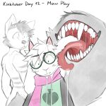  absurd_res ambiguous_gender ammut_(vaughan) anthro bodily_fluids bovid caprine deltarune duo eyewear felid feline glasses goat group hi_res kapri living_tail male male/male mammal mawplay monochrome monster open_mouth ralsei saliva tail teeth trio undertale_(series) unusual_anatomy unusual_tail vaughan_vic 