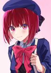  4prlcdyisyxmfo1 arima_kana blue_headwear blue_jacket blush closed_mouth hat hat_ribbon highres jacket oshi_no_ko pink_ribbon red_eyes red_hair ribbon school_uniform short_hair unhappy upper_body youtou_high_school_uniform 