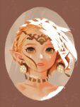  1girl artist_name bellhenge blonde_hair braid crown_braid earrings floating_hair green_eyes jewelry looking_to_the_side magatama magatama_necklace necklace pointy_ears princess_zelda short_hair simple_background solo teardrop teardrop_facial_mark the_legend_of_zelda the_legend_of_zelda:_tears_of_the_kingdom tiara 