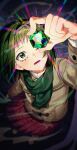  1didi11di 1girl absurdres brown_coat coat crystal from_above gem green_eyes green_gemstone green_scarf grey_hair highres holding_crystal kurata_tome long_sleeves looking_at_object looking_at_viewer looking_up mob_psycho_100 night one_eye_covered parted_lips pleated_skirt red_skirt scarf shoes short_hair skirt smoke solo sparkle standing surprised sweater toggles turtleneck winter_clothes 