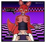  absurd_res animatronic anthro breasts canid canine claws clothing crossgender duo female five_nights_at_freddy&#039;s fox foxy_(fnaf) gradient_background hi_res hook kevwrite machine male male/female mammal mike_schmidt nipples red_body robot scottgames simple_background speech_bubble text uniform yellow_eyes 