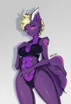  anthro belly blonde_hair bottomwear canid canine canis clothing dragon female fingers hair horn hybrid looking_at_viewer mammal navel purple_body smile solo topwear welive wolf 