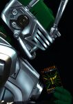  absurdres antennae armor bodysuit breastplate card from_side gloves green_armor green_bodysuit green_gloves helmet highres holding holding_card kamen_rider kamen_rider_ryuki_(series) kamen_rider_zolda looking_to_the_side mechanical_ears shoulder_armor tokusatsu tv_asahi user_pjyg3832 visor_(armor) 