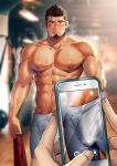  2boys abs bara black_hair blush bulge commission facial_hair goatee highres holding holding_phone kashi_kosugi large_pectorals male_focus mature_male multiple_boys muscular muscular_male navel nipples pants pectorals phone sergei_strelka short_hair tales_of_(series) tales_of_zestiria topless_male white_pants 