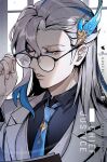  1boy adjusting_eyewear alternate_costume blue_necktie formal genshin_impact glasses looking_down male_focus multicolored_hair necktie neuvillette_(genshin_impact) parted_lips solo sovereignteam streaked_hair tuxedo twitter_username upper_body white_hair 