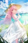  1girl absurdres angel_wings blue_archive blush breasts day dress hair_bun halo hat highres large_breasts long_hair looking_at_viewer mika_(blue_archive) okkimon open_mouth outdoors paper_airplane pink_hair pink_halo single_side_bun smile solo straw_hat white_dress white_wings wings yellow_eyes 