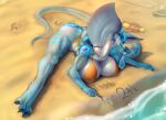  anthro argo_(kalivero) beach bikini blue_body blue_eyes breasts butt claws clothed clothing female kalivero looking_at_viewer reptile scalie seaside snake solo swimwear tail toe_claws 
