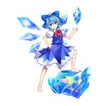  1girl barefoot blue_bow blue_dress blue_eyes blue_hair bow bowtie cirno closed_mouth detached_wings dress frozen_frog full_body game_cg hair_bow highres ice ice_wings looking_at_viewer red_bow red_bowtie rotte_(1109) shirt short_hair short_sleeves simple_background smile solo third-party_source touhou touhou_lost_word white_background white_shirt wings 