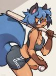  absurd_res anthro ball baseball_(ball) baseball_bat bat_(object) big_butt bottomwear bra brand_new_animal breasts butt canid canine cleavage clothed clothing cute_fangs dipstick_hair female fluffy fur grey_background hi_res holding_object mammal medium_breasts michiru_kagemori open_mouth portrait procyonid raccoon raccoon_dog shorts side_view signature simple_background solo sport sports_bra sportswear studio_trigger tanuki thick_thighs tomboy topwear underwear yarney 