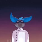  absurd_res anthro bat blue_ears blue_hair blue_nose building clothing coat eyewear felid feline flashquatsch goggles goggles_on_face gold_(metal) gold_tooth grey_body grey_skin hair hi_res hybrid lab_coat looking_up male mammal perilune_(flashquatsch) sky solo star starry_sky topwear tuft 