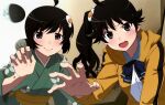  2girls ahoge araragi_karen araragi_tsukihi black_eyes black_hair blue_bow blue_bowtie blush bow bowtie closed_mouth egg_hair_ornament eyelashes food-themed_hair_ornament fujiyama_naoto green_kimono grey_eyes hair_ornament hand_up highres hood hooded_track_jacket indoors jacket japanese_clothes kimono leaning_forward long_hair long_sleeves monogatari_(series) multiple_girls nisemonogatari non-web_source obi official_art open_mouth sash scan scan_artifacts school_uniform short_hair siblings side_ponytail sisters teeth track_jacket tsuganoki_second_junior_high_school_uniform upper_body upper_teeth_only v-shaped_eyebrows 