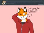  2018 4:3 anthro ask_blog batspid2 black_eyebrows black_eyes bodily_fluids brown_body brown_fur canid canine clothing dialogue digital_drawing_(artwork) digital_media_(artwork) ear_markings embarrassed english_text eyebrows facial_markings facial_tuft fangs flat_colors fox front_view fur glistening glistening_eyes grey_clothing grey_topwear hand_behind_head head_markings hoodie male mammal markings max_(batspid2) multicolored_body multicolored_fur nervous_smile one_eye_closed orange_body orange_fur red_clothing red_topwear simple_background slim_anthro slim_male smile solo sweat sweatdrop sweatshirt teeth text topwear white_body white_fur 