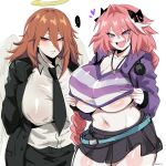  ... 2girls absurdres angel angel_devil_(chainsaw_man) angel_wings astolfo_(fate) black_bow black_jacket black_necktie black_pants black_skirt bow braid breasts brown_hair chainsaw_man clothes_lift collared_shirt eyes_visible_through_hair fang fate/apocrypha fate_(series) genderswap genderswap_(mtf) hair_between_eyes hair_intakes halo highres hood hoodie huge_breasts jacket jewelry kurenaiz1 long_braid long_hair looking_at_viewer midriff multicolored_hair multiple_girls navel necklace necktie open_mouth pants pink_hair purple_eyes purple_hoodie red_eyes shirt shirt_lift shirt_tucked_in simple_background single_braid skin_fang skirt smile striped striped_shirt suit suit_jacket twitter_username underboob white_background white_shirt white_wings wings 