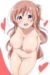  1girl :d ;d arms_behind_back blush breasts brown_hair cleavage collarbone commentary_request completely_nude cowboy_shot gochuumon_wa_usagi_desu_ka? groin highres hoto_mocha large_areolae large_breasts leaning_forward long_hair looking_at_viewer navel nude one_eye_closed one_side_up open_mouth purple_eyes riyo_(aokiwazumi) smile solo standing teeth 