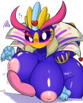  absurd_res anthro areola arthropod bee big_breasts blue_body blush blush_lines breasts clothing female gloves handwear hi_res huge_breasts hymenopteran insect kirby_(series) looking_at_viewer mouthless multicolored_body nintendo nipples purple_sclera queen_sectonia question_mark solo sound_effects text wardrobe_malfunction watermark white_eyes woebeeme yellow_body 