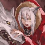  1girl animal animal_ear_fluff animal_ears arknights e-bushi fur-trimmed_hood fur_trim grey_hair hair_between_eyes hand_up highres hood hood_up hooded_jacket jacket long_sleeves looking_at_viewer open_mouth projekt_red_(arknights) puffy_long_sleeves puffy_sleeves red_jacket respirator sleeves_past_wrists solo upper_body v-shaped_eyebrows wolf wolf_ears yellow_eyes 