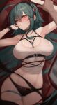  1girl absurdres ahoge bare_shoulders bianca_(black_survival) black_panties black_survival blurry breasts bright_pupils cleavage collarbone crop_top depth_of_field eternal_return:_black_survival grey_hair highres kyudong. large_breasts long_hair looking_to_the_side lying midriff panties red_eyes shirt short_hair solo underwear very_long_hair white_shirt 