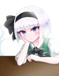  1girl arm_on_table black_bow black_bowtie black_hairband black_ribbon blue_eyes bob_cut bow bow_hairband bowtie collared_shirt elbow_on_table green_vest gvxvg00 hair_ribbon hairband head_rest highres konpaku_youmu konpaku_youmu_(ghost) light_smile looking_at_viewer puffy_short_sleeves puffy_sleeves ribbon shirt short_hair short_sleeves simple_background solo table touhou upper_body vest white_background white_hair white_shirt 