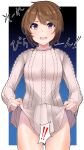  ! !! 1girl :d aran_sweater blue_background breasts brown_eyes brown_hair cable_knit clothes_lift cowboy_shot dress dress_lift gradient_background hair_between_eyes highres hip_focus kinuhata_saiai lifted_by_self long_sleeves looking_at_viewer medium_breasts nikku_hikikomori no_panties open_mouth outside_border ribbed_sweater short_hair smile solo speech_bubble sweater sweater_dress teasing teeth text_censor thighs toaru_kagaku_no_railgun toaru_majutsu_no_index upper_teeth_only very_short_hair white_dress white_sweater 