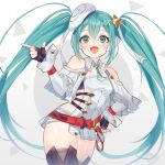  1girl absurdres belt beret black_gloves blue_hair braid collar fingerless_gloves gloves goodsmile_racing hair_between_eyes hair_ornament hand_on_own_hip hat hatsune_miku highres index_finger_raised medium_hair micro_shorts puni_bon racing_miku racing_miku_(2023) ribbon shorts sideless_outfit simple_background smiley_face star_(symbol) star_hair_ornament thighhighs twintails vocaloid white_headwear 