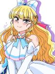  1girl ascot blonde_hair blue_eyes blush bow cosplay cure_finale cure_prism cure_prism_(cosplay) delicious_party_precure dress earrings elbow_gloves glove_bow gloves hirogaru_sky!_precure jewelry kasai_amane long_hair looking_at_viewer magical_girl precure smile solo upper_body white_ascot white_background white_dress white_gloves wing_hair_ornament yui_u86 