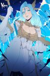  1girl artist_name blue_eyes blue_hair blue_lips breasts cleavage_cutout clothing_cutout final_fantasy final_fantasy_xiv fins gloves hair_between_eyes head_fins highres holding_trident koyorin large_breasts llymlaen long_hair looking_at_viewer shoulder_cutout solo water white_gloves 