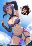  2girls absurdres arm_up armpits bandeau bare_shoulders bikini black_hair blue_sky breasts cloud commission day detached_sleeves earrings english_commentary fire_emblem fire_emblem:_the_blazing_blade highres hoop_earrings ihsnet jewelry large_breasts long_sleeves multiple_girls navel purple_bikini purple_eyes purple_hair short_hair sky sonia_(fire_emblem) standing stomach swimsuit thigh_strap thighs ursula_(fire_emblem) wading water 