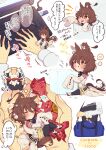  1boy 1girl :t absurdres afterimage agnes_tachyon_(umamusume) ahoge animal_ears bag black_footwear breast_pocket brown_eyes brown_hair candy_wrapper chabo_24 commentary_request computer duffel_bag ear_wiggle eating food food_on_face hair_between_eyes heart highres horse_ears horse_girl horse_tail huge_ahoge lab_coat laptop long_sleeves medium_hair messy_hair mini_person minigirl motion_lines multiple_views notice_lines open_mouth pocket pov pov_hands romaji_text shoes shoulder_bag sleeping sleeves_past_fingers sleeves_past_wrists speech_bubble spoken_heart sugar_cube sweatdrop sweater tail thought_bubble tongue tongue_out trainer_(umamusume) translation_request typing umamusume white_footwear yellow_sweater 