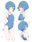  1girl blue_eyes blue_hair blue_one-piece_swimsuit blush bright_pupils closed_mouth collarbone commentary_request eyelashes grin hairband highres lana_(pokemon) looking_back monmon_(monmon_k18) multiple_views notice_lines one-piece_swimsuit pokemon pokemon_(game) pokemon_sm short_hair smile swimsuit teeth water_drop white_background white_pupils yellow_hairband 