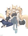  3girls ;d absurdres alternate_costume animal_ears arknights ass aunt_and_niece bare_shoulders black_footwear black_pants black_shirt black_shorts blemishine_(arknights) blonde_hair blue_eyes blush breasts brown_eyes casual cleavage closed_mouth collarbone grey_pants grey_shirt highres horse_ears horse_girl horse_tail jeckylo1 knees_up large_breasts long_hair looking_at_viewer multiple_girls nearl_(arknights) one_eye_closed open_mouth pants parted_lips ponytail shirt short_sleeves shorts siblings simple_background sisters sitting smile swept_bangs tail tank_top v-shaped_eyebrows very_long_hair wariza whislash_(arknights) white_background yoga_pants 