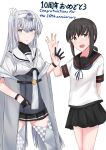  2girls absurdres anniversary bilingual black_sailor_collar black_skirt commentary_request corset cowboy_shot english_text fubuki_(kancolle) fubuki_kai_ni_(kancolle) fuyutsuki_(kancolle) gloves grey_eyes grey_neckerchief grey_shawl grey_thighhighs hachimaki half_gloves headband highres kantai_collection low_ponytail medium_hair mixed-language_text multiple_girls neckerchief one_side_up pleated_skirt rukialice sailor_collar school_uniform serafuku shawl shirt short_ponytail simple_background skirt smile thighhighs waving white_background white_headband white_sailor_collar white_shirt yellow_eyes 