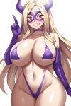  1girl absurdres bare_shoulders bikini blonde_hair blush boku_no_hero_academia breasts choker cleavage collarbone cowboy_shot elbow_gloves gloves grin hand_up highres horns jasony large_breasts long_hair looking_at_viewer mount_lady navel purple_bikini purple_choker purple_eyes purple_gloves simple_background smile stomach swimsuit teeth thighs underboob white_background 