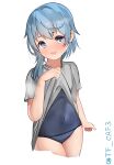  1girl absurdres blue_eyes blue_hair blue_one-piece_swimsuit blush covered_navel fang grey_shirt highres kantai_collection long_hair looking_at_viewer minazuki_(kancolle) no_pants old_school_swimsuit one-piece_swimsuit open_mouth school_swimsuit shirt short_hair short_hair_with_long_locks simple_background smile solo swimsuit swimsuit_under_clothes tf_cafe twitter_username white_background 