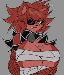  absurd_res anthro bandage big_breasts breasts brown_body brown_fur brown_hair canid canine chest_tuft chest_wraps cleavage clothed clothing crossed_arms crossgender eye_patch eyewear female fishnet fishnet_armwear five_nights_at_freddy&#039;s fox foxy_(fnaf) freckles frown fur gold_(metal) gold_tooth grey_background hair hi_res huge_breasts killer._ez looking_at_viewer mammal pupils scottgames sharp_teeth simple_background slit_pupils solo teeth tuft under_boob wraps yellow_eyes 