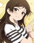  1girl :d ayano_yuu_(sonma_1426) black_shirt blush breasts brown_eyes brown_hair collarbone crossed_arms from_side grin head_tilt highres idolmaster idolmaster_million_live! kitazawa_shiho long_hair looking_at_viewer medium_breasts open_mouth parted_bangs shadow shirt short_sleeves sidelocks simple_background smile solo star_(symbol) striped striped_shirt upper_body v white_shirt yellow_background 