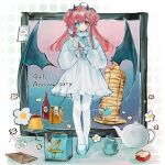  1girl apple apple_slice blue_background bottle commentary_request crescent crescent_hair_ornament demon_horns demon_wings dress flower food fruit gift gradient_background green_eyes hair_ornament heterochromia highres holding holding_spoon honey horns letter long_hair nijisanji pancake pancake_stack pantyhose pink_background plate pomopomoinu pudding red_eyes red_hair solo spoon teapot two_side_up virtual_youtuber white_dress white_pantyhose wings yuzuki_roa 