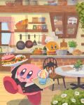  basket blue_eyes blush_stickers bottle bowl bread burger cafe chef_kawasaki closed_mouth curtains cutting_board food food_focus frying_pan highres holding holding_tray indoors kirby kirby_(series) kirby_burger kirby_cafe ladle miclot no_humans pink_footwear plant plate potted_plant shelf shoes spatula tray window 