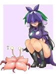  1girl black_footwear black_gloves black_hair boots breasts china_dress chinese_clothes dress flower flower_on_head gloves hemogurobin_a1c large_breasts long_hair open_mouth purple_dress purple_eyes purple_flower short_sleeves smile solo touhou touhou_(pc-98) vine_print yomotsu_hisami 